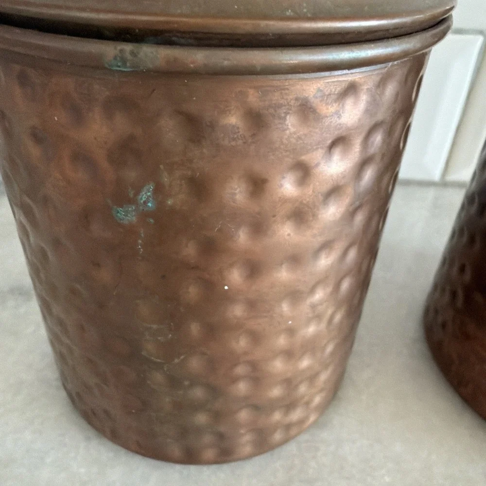 Set Of 2 Vintage Hammered Copper Canisters Brass Pulls GW006
